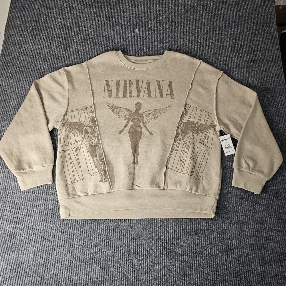 Nirvana Sweatshirt Mens LARGE Beige In Utero Angel Graphic Fleece Crewneck